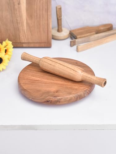 Image of Sanjeev Kapoor by OGGN Wooden Chakla Belan Set for Kitchen, Acacia Akand Wood Rolling Pin and Board, Roti Maker, Chapati Board, Natural Finish, Eco-Friendly, Durable & Easy to Clean, 10 Inch