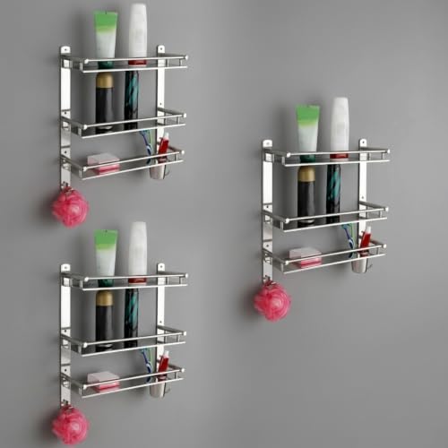 Image of GLOXY Premium Stainless Steel 3 Layer Bathroom Organizer Shelf Combo Pack of 3-3 Tier Shelf with Multipurpose Hooks for Towel - Chrome Finish Wall Mount Bathroom Shelf with Toothbrush & Soap Holder