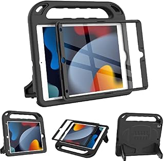 Surom Case with Built-in Screen Protector for iPad 10.2 Inch 2021/2020/2019 (9th/8th/7th Gen), Lightweight Shockproof Handle Stand Kids Case for 2021/2020/2019 iPad 10.2, iPad Air 3 10.5 2019, Black