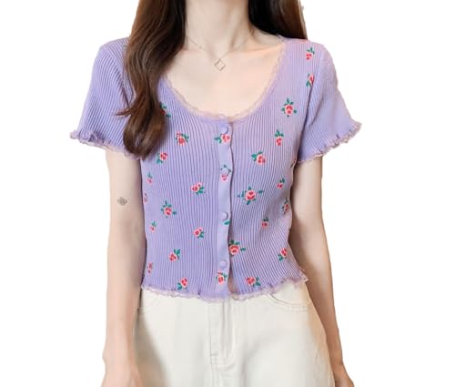 Image of ICW Women's Korean Style Round Neck Half Sleeve Button-Up Floral Knitted Crop Top T-Shirt for Girls DN286 (One Size Fit XS-S)