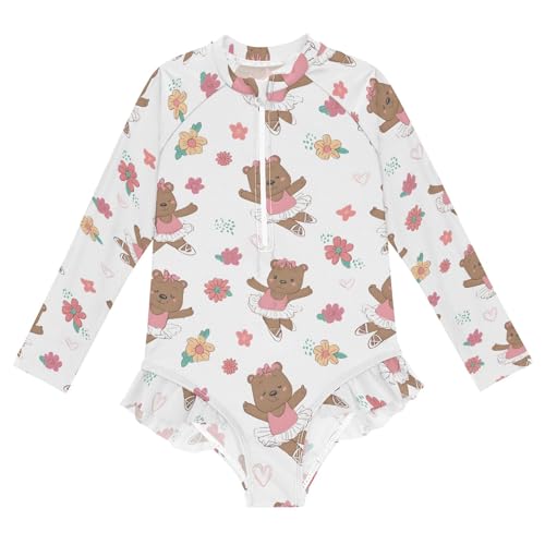 Little Bear Ballet Pattern Girls Long Sleeve Swimsuit Rash Guard One Piece Bathing Suits Zipper 3-12T