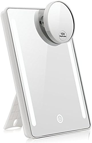 LED Lighted Makeup Mirror with Round 10x Magnifying Mirror Lightswim Travel Mirror with Lights, Dual Power Supply, Touch Screen, 180 Degrees Rotation Standing