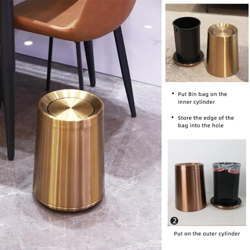 Image of 10 L /2.6Gallen,Swing Lid Gold Brass Trash Can,Brushed Nickel Garbage Can Bathroom with Flipping Lid,for Bathroom, Living Room,Bedroom,Hotel (Rose Gold)