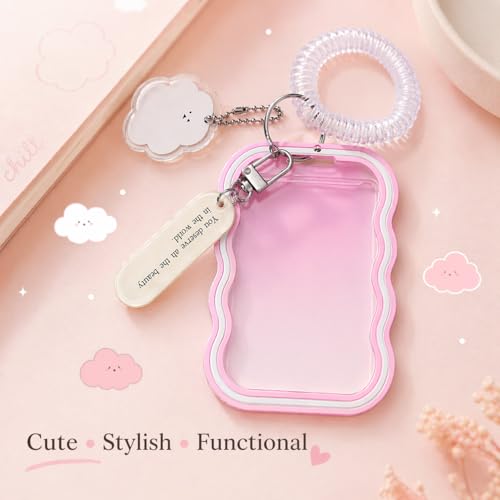 Image of Street27 Cloud Shape Photo Card Holder with Keychain Pendant | Transparent ID Badge Case with Wrist Strap | Silicone Protective Card Cover for Office, School & Travel (Pink)