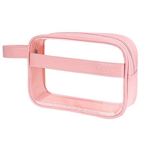 Preisvergleich Produktbild Supgear Kulturbeutel Transparent, Durchsichtiger Kulturbeutel Leder Kosmetiktasche für Koffer, Kulturtasche Transport von Flüssigkeiten Flugzeug Beutel, Transparente Toilettentasche Damen(Roségold)