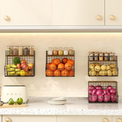 Jautokerdar Fruit Basket for Kitchen with Lid, Counter&Wall Mounted Hanging Fruit Basket, Potato and Onion Storage, Metal Wire Fruit and Vegetable Storage, Snack Organizer 4 Pack(small and large) Cover
