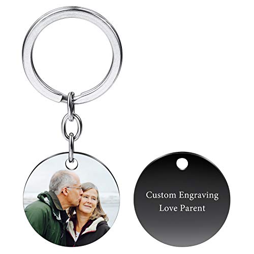 VIBOOS Personalized Round Tag Keychain Custom Engraving Photo Name Date For Women Men Boys Girls Stainless Steel Picture Relationship Birthday Gifts Lovers Jewelry(black)