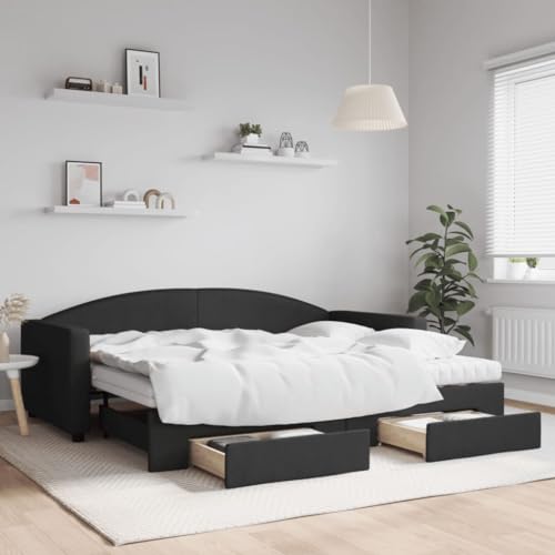 Yunovire Cama de día extensible con cajones, tela negra, 90 x 200 cm, sofá cama moderno con colchones de espuma, cajones de cama, muebles para dormitorio