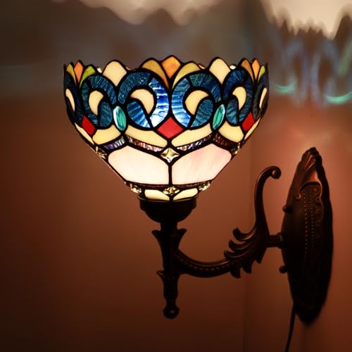 Image of Stained Glass Wall Sconce Plug in Wall Bedside Light Stained Glass Wall Lamp 8X10.5X11 Inch for Hallway Stairway Bedroom (Pink Baroque Style)