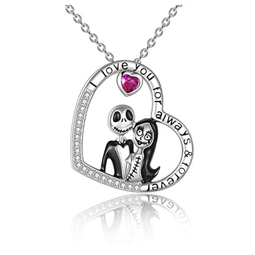 Collar de pesadilla de plata de ley con colgante de corazón de Jack y Sally con circón rojo, joyería de cráneo, regalos de cumpleaños para mujeres, esposa e hija