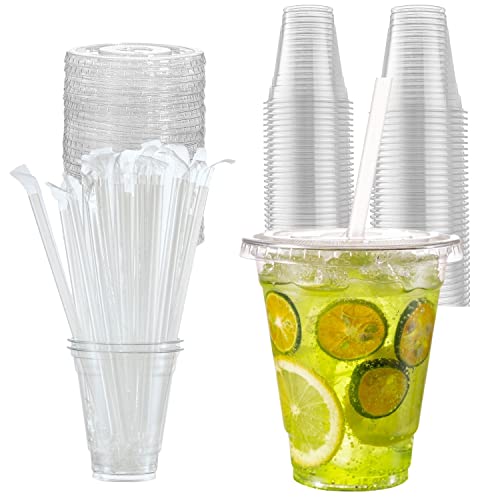50 Sets of 12 oz Clear Plastic Cups with Lids and Straws for Cold Drinks - Disposable