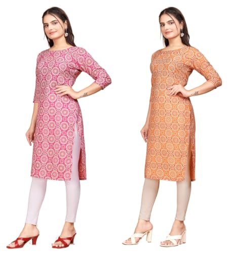 Image of Women's Straight Fit Printed Crepe Kurta, Casual Wear Kurti Combo Design No 9021