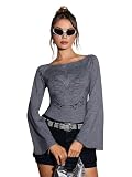 SOLY HUX Women's Rhinestone Heart Print T Shirt Bell Long Sleeve Fitted Y2K Tee Tops Solid Grey M