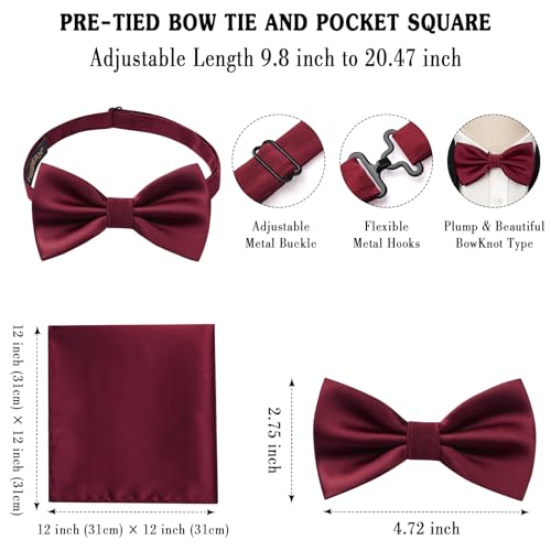 Image of HISDERN Bow Ties for Men Solid Color Pre-Tie Bow Tie and Pocket Square Set Classic Formal Tuxedo Bowties for Wedding Party