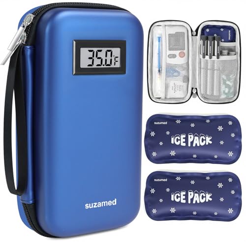 suzamed Insulin Cooler Travel Case,EVA Insulation Travel Medicine Kit with Temperature Display for Diabetes Care,Insulin Pen and Other Diabetic Suppliess (Blue-Temp)