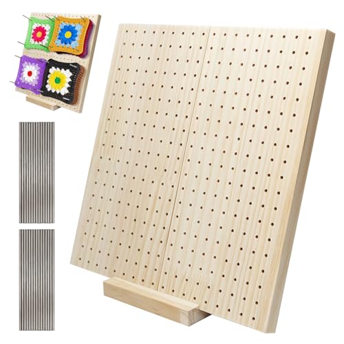 Pilikoll 25x25 cm Planche de Blocage Crochet avec 20 Tiges Bloqueur Granny Square Crochet Plaque de Blocage en Bois pour Granny Square Crochets Français pour Projets de Tricot et de Crochets