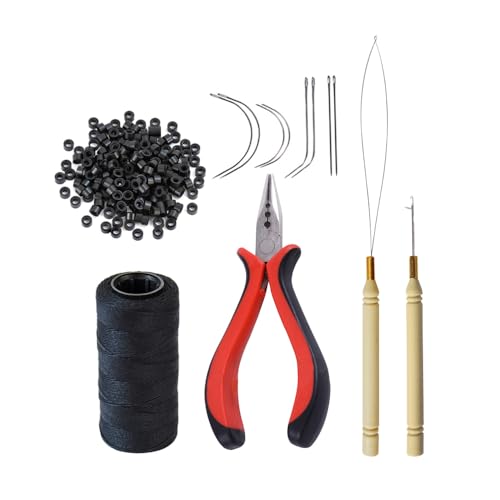 Image of Hair Extensions Tool Kit: 200 Pcs Silicone Lined Micro Links Beads, 1 Three Hole Hair Pliers, 1 Roll Sewing Thread, 1 Loop Needle Threader, 1 Pulling Hook Needle, 8 Sewing Needles (Black)