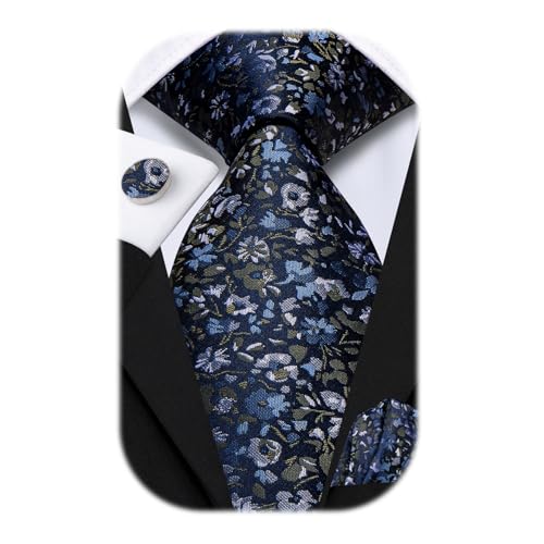 Image of Hi-Tie 70 inches Ties for Men Silk Extra Long Necktie and Pocket Square Cufflinks Set Men Big and Tall Tie Business