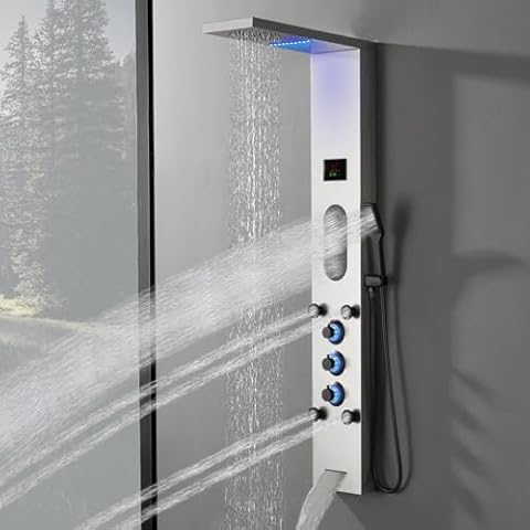 Bathfinesse Shower Wall Panels LED Light, Rainfall Shower Head with Large Area Body Jet Massage Shower Fixtures with Temperature Display Adjustable Body Jets Tub Spout Hand Shower, Brushed Nickel Cover
