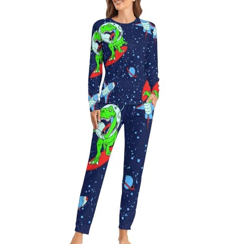 Pyjama femme dinosaure spatial avec t-shirt manches longues et pantalon de nuit