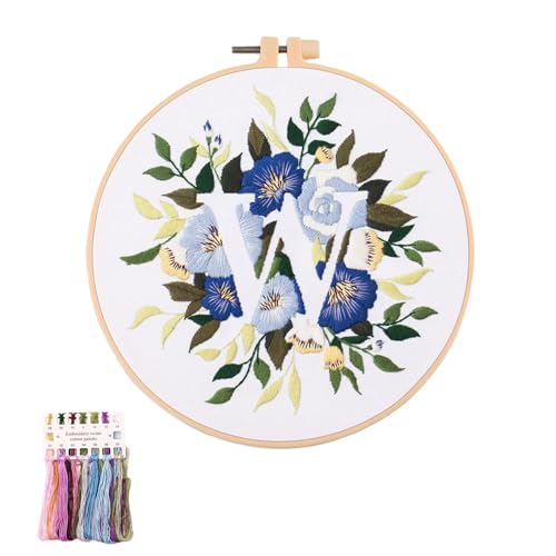 Image of artcici Embroidery Kits Plant Flower Leaf English Letter Patterns for Beginners Adults, Full Range Embroidery Starter Kits Cross Stitch Needlework Supplies (Letter W)