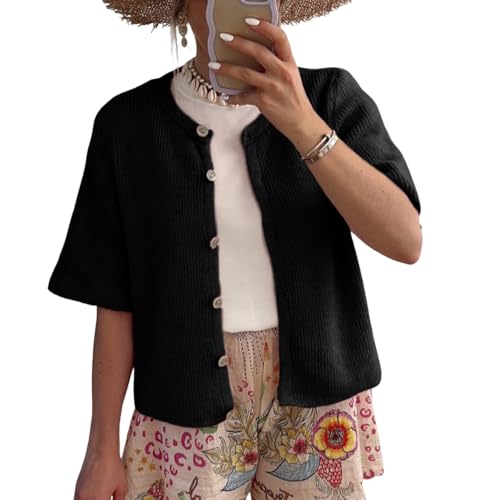 Image of Women Y2k Knitted Crop Cardigan Shirt Short Sleeve Button Down Ribbed Knit Crop Top Outwear Top Tee Shirt