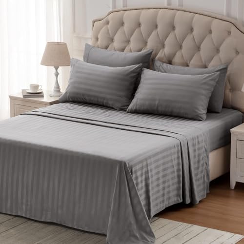 Image of SLEEP ZONE Striped Cooling Twin Sheets Set for Kids - Fitted Flat Sheet & Pillowcase Sets 3 Piece - Super Soft Stripe Bed Sheet, Easy Care, Deep Pocket (Gull Grey, Twin)