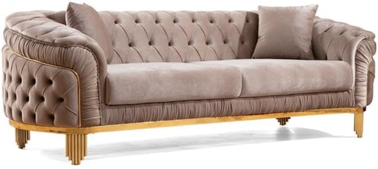 Pemberly Row 2 Piece Living Room Set, Velvet Upholstery in Taupe, Sofa and Love Seat, Button-Tufted Design, Gold Metal Legs, Foam Cushions with Faux Fur Pillows, Glam Style for Family Gathering Spaces