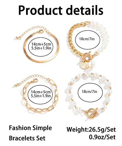 FUTIMELY Gold Pearl Bracelet for Women,Layered Chain Link Pearl Stack Bracelet Set for Woman,Herringbone Paperclip Portrait Charming Bracelet Jewelry2