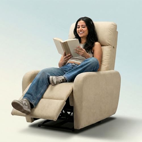 Image of EVA Manual Recliner Chair with Adjustable Headrest | Beige Boucle Fabric Upholstery | Ergonomic Single Seater Recliner for Living Room & Home Theater | 18 Months Warranty