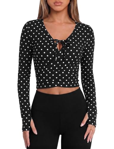Women’s Pilates Wrap Top Thumbhole Sleeves Ballet Yoga Shirt with Front Bow Tie Long Sleeve Slim Fit Dance Workout Top