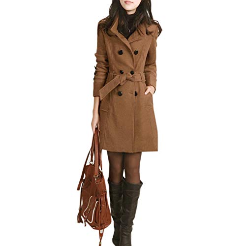 WSLCN Casaco Feminino Trench Coat de Lã Sintética de Inverno Abotoamento Duplo Slim Fit com Cinto Ma