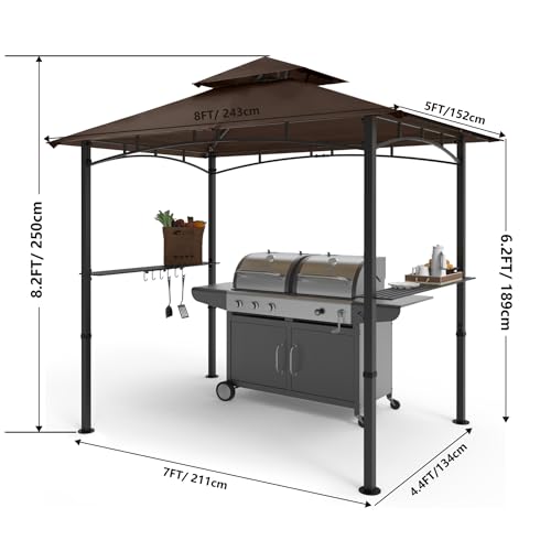 COOSHADE 8\'x 5\' Grill Gazebo Double Tiered Outdoor BBQ Gazebo Canopy with LED Light (Brown)