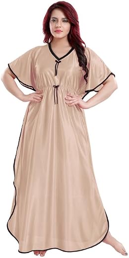 SKMODEL STYLISH Fancy Satin Kaftan Nighty for Ladies | V-Neck Loose Fit | Comfortable Home Wear Dress