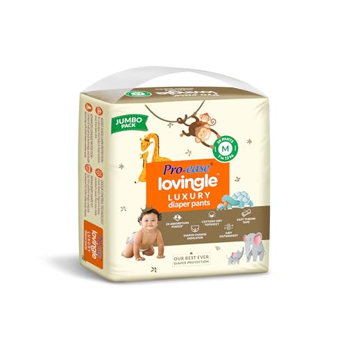 Image of Pro-ease Lovingle Luxury Wrapper Baby Diaper|Pant Style Diaper for Baby|Diaper M size|2X Absorption*IAdvanced Leakage Protection|Wetness Indicator|Easy Throw Tape|7-12 Kg|58 Pieces