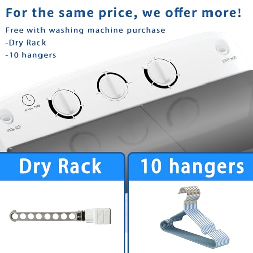 Portable Twin Tub 18lbs Washing Machine with Drying Rack and 10 Hangers, 11lbs Washer Mini Compact Laundry Machine with 7lbs Spinner, Semi-automatic Washer Combo for Dorms, Apartment