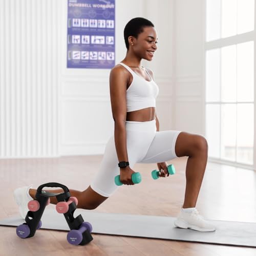 PhysKcal Dumbbells Set of 6 with Carry Stand, 2 x 1kg, 2 x 1.5kg, 2 x 2kg, Neoprene Coating Soft Grip Arm Weights for Women, Hand Weights Set for Ladies, Kids, Beginners - Image 6