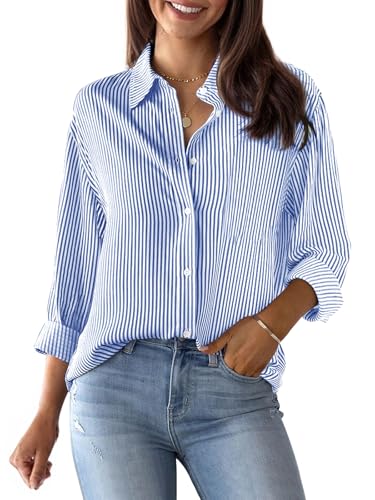 Womens Button Down Shirts Cotton Striped Dress Shirt Long Sleeve Collared Office Work Pinstripes Blouses Tops