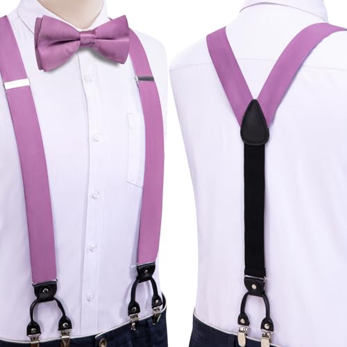 Image of Hi-Tie Light Purple Suspender Bowtie for Men Adjustable Y-Shape 6 Clips Trouser Braces Pre-Tied Bow Tie with Handkerchief Cufflinks