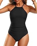Yonique Women One Piece Swimsuit High Neck Bathing Suit Tummy Control Swimwear Black Small
