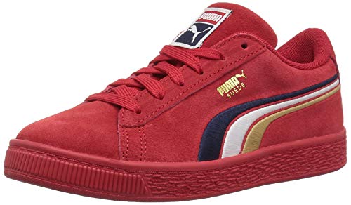 Puma Girl's Suede Classic Embroidery Sneaker, Ribbon Red-Peacoat-White-Team Gold, 13 M US Little Kid