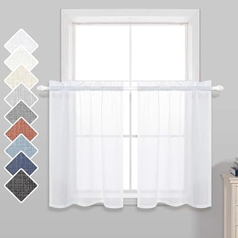 KOUFALL Short Sheer Curtains 36 Inch Length for Kitchen Rod Pocket 2 Panels Linen Look Textured Cafe Curtain Semi Sheer Tier Curtains for Small Window Bathroom Farmhouse 30x36 inches Long White Cover