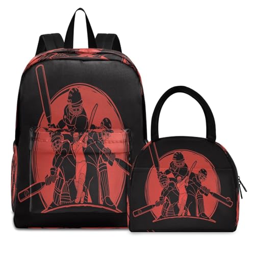 Nisza Kids School Backpack Set, Cricket Players Action Cartoon Sport Bookbag for Girls Boys Elementary School Bags with Lunch Bag