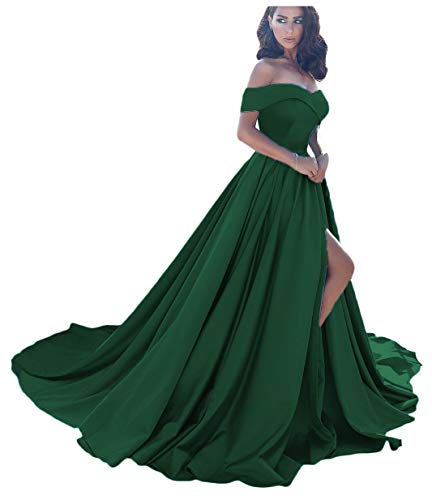 Women's Off The Shoulder Satin Prom Dresses Long for Women Formal Evening Party Gowns with Silt US12 Emerald Green
