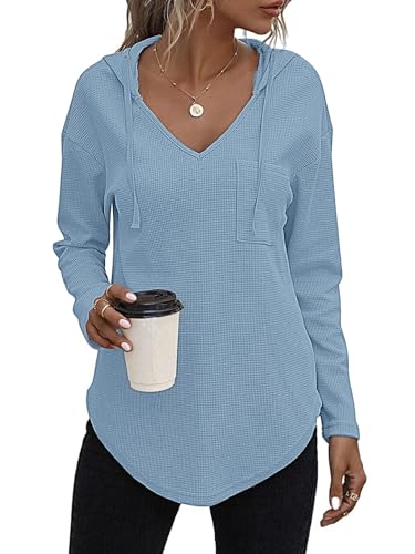 PEXIBROY Women's V Neck Hoodie Long Sleeve Pullover Plain Drawstring Tops...