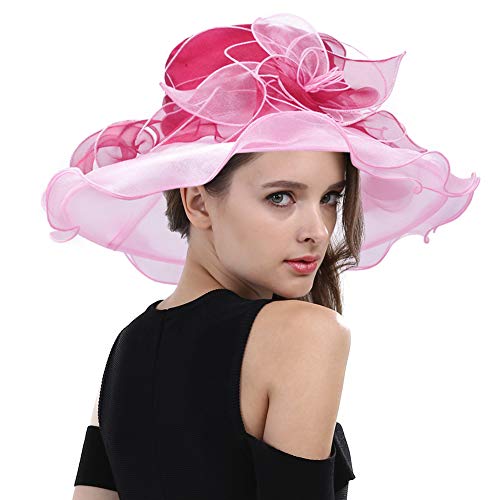 Women's Fascinators Wide Brim Sun Hat for Kentucky Derby, Church, Wedding, Tea Party, Royal Ascot, Easter (Burgundy/Pink) - Thumbnail 4