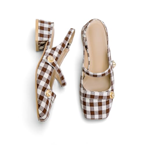 Image of Slingback Mary Jane Heels for Women Low Block Heel Closed Square Toe Pump Shoes Heels Classic Daily Office Dressy Shoes