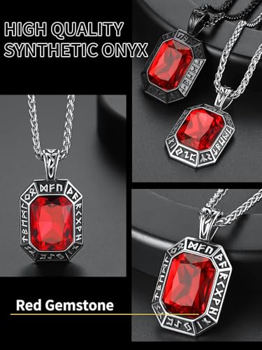Image of ChainsHouse Viking Rune Pendant Necklace for Men Women, Punk Biker Black Metal /316L Stainless Steel Onyx Norse Vintage Amulet Necklaces with Black /Red /Green /Blue Gemstone, Send Gift Box