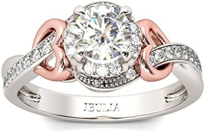 Jeulia Sterling Silver Diamond Heart Ring Two Tone Heart Design Round Cut Engagement Rings Promise Wedding Band Crystal Halo Bridal Ring Set Anniversary with Jewelry Gift Box