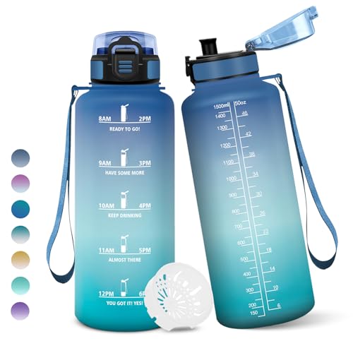 Gourde, 1500ML Sans BPA, Gourde sport, Avec Horodatage, Bouteille, Conception de Verrouillage Anti-Fuite, Bouteille Plastique pour bureau, En cours d'exécution, Escalader Des Montagnes - Bleu&vert